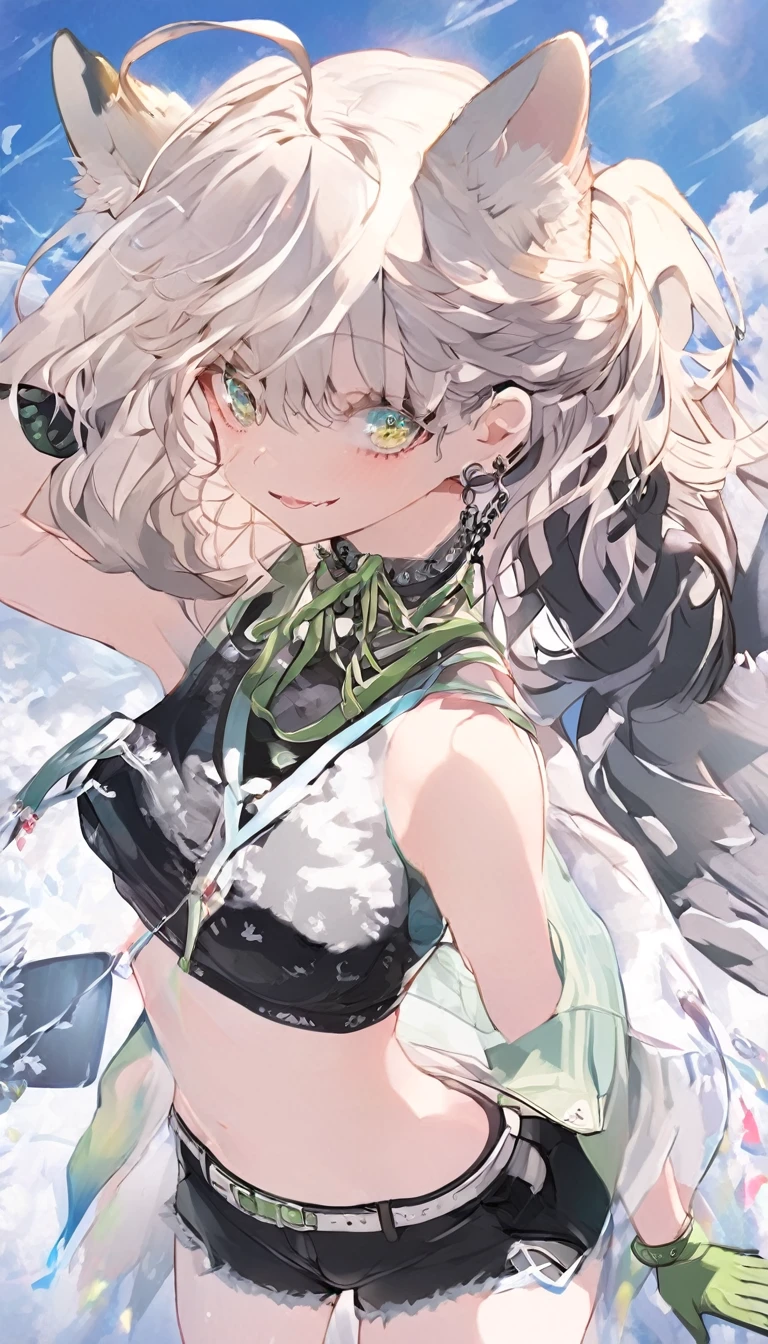 a cartoon style female character holding a phone with an iphone attached, 1girl, solo, animal ears, green eyes, navel, long hair, white hair, breasts, gloves, green gloves, ahoge, looking at viewer, bare shoulders, animal ear fluff, jacket, white background, skindentation, off shoulder, shorts, black shorts, medium breasts, hand up, green jacket