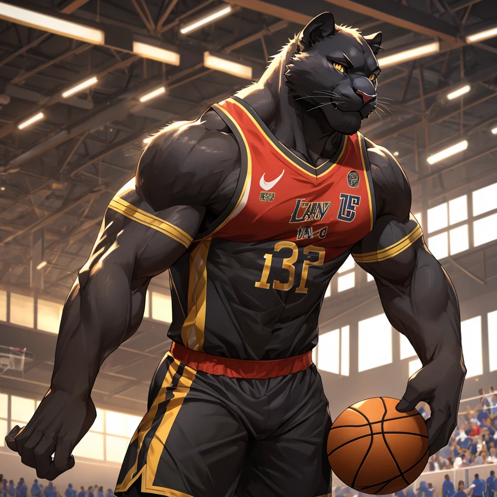 Furry,black fur panther ,yellow eyes(Realistic eye detail),Have muscles(Perfect muscle details),perfect anatomy,Handsome and seductive face,Wear basketball uniform,HDR,8K, student, gymnasium