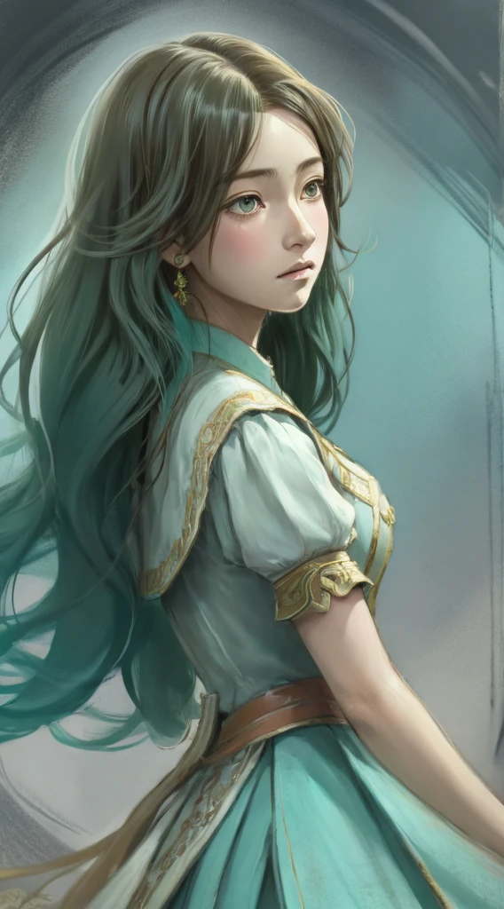 A detailed digital painting of an elementary school girl with long, flowing turquoise hair gazing off to the side with a pensive expression
An elegant, fantasy-style illustration of a female character with waist-length aquamarine hair posed in a thoughtful, pensive position
A whimsical, anime-style 