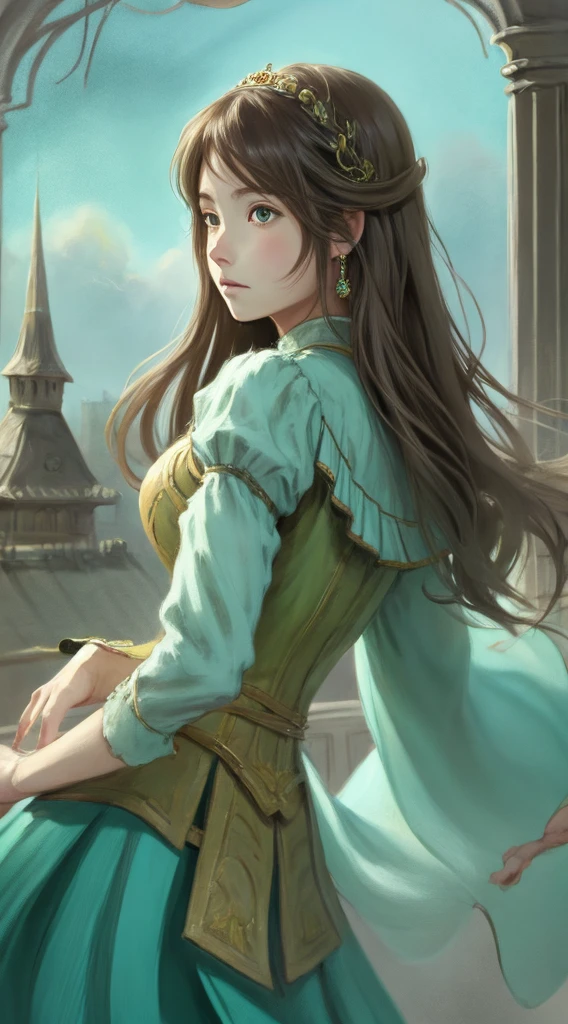 A detailed digital painting of an elementary school girl with long, flowing turquoise hair gazing off to the side with a pensive expression
An elegant, fantasy-style illustration of a female character with waist-length aquamarine hair posed in a thoughtful, pensive position
A whimsical, anime-style 