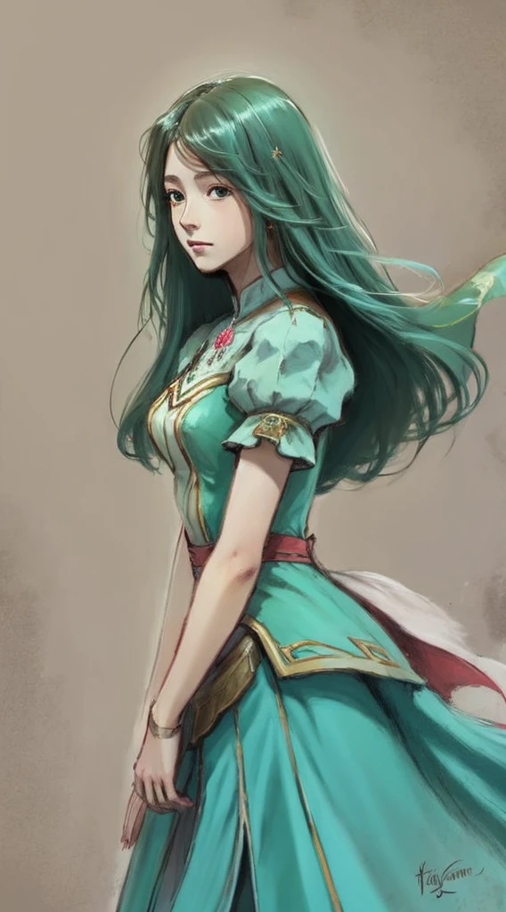 A detailed digital painting of an  girl with long, flowing turquoise hair gazing off to the side with a pensive expression
An elegant, fantasy-style illustration of a female character with waist-length aquamarine hair posed in a thoughtful, pensive position
A whimsical, anime-style 