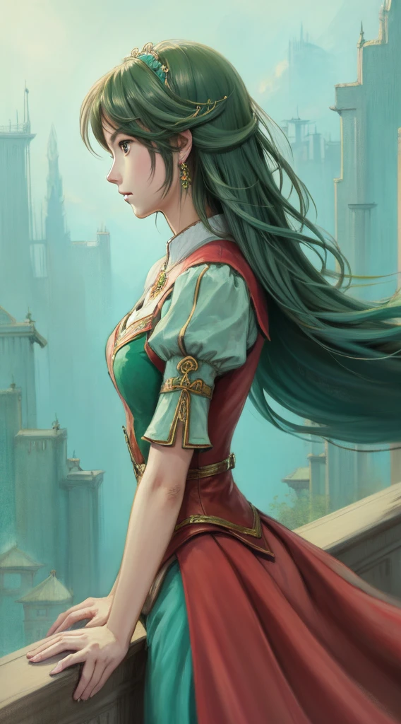 A detailed digital painting of an  girl with long, flowing turquoise hair gazing off to the side with a pensive expression
An elegant, fantasy-style illustration of a female character with waist-length aquamarine hair posed in a thoughtful, pensive position
A whimsical, anime-style 