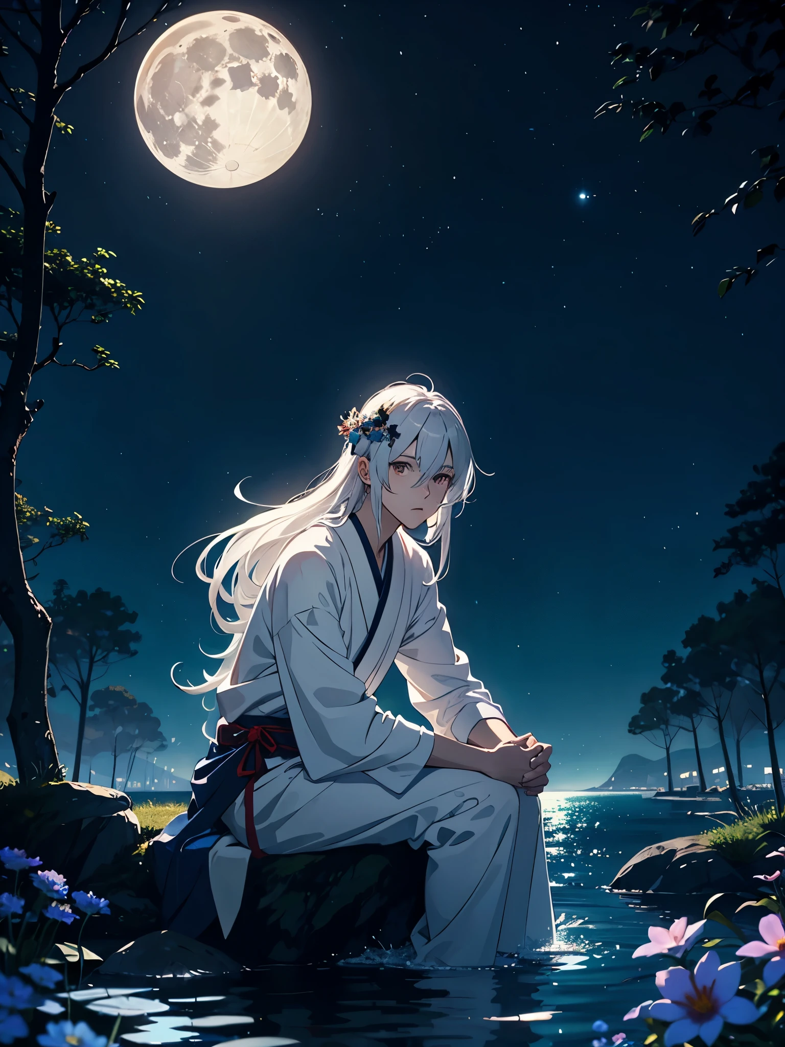 Göttlich. Geweih auf dem Kopf. Kimono. Big Wolf. day lights. More anime. light blue light. Bright bright light. magical. Moon. Sitting on a big white wolf. Lightening flowers. More anime. male. Blue flowers. Long hair. long white hair. aquatic, boy, God of the Moon, silver hair accessories, White hair.