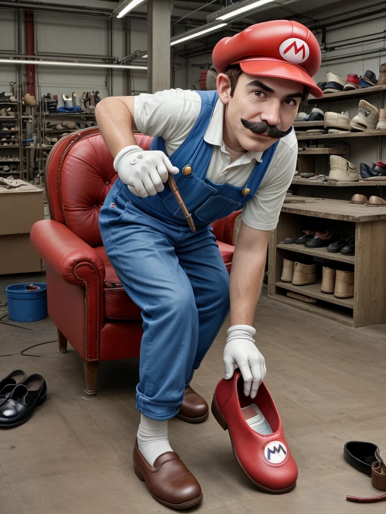 Super Mario working in a shoe factory