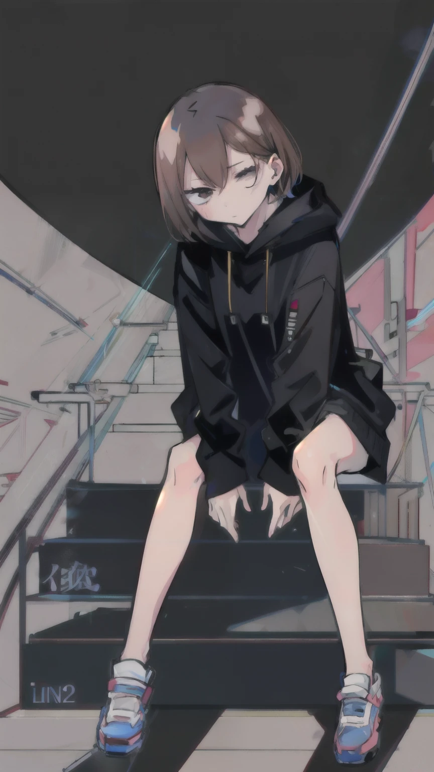 (expensive body, expensive, Long legs, mature female, mature, Adult:1.2), It is_hang on_nobara, 1 Girl, Kugisaki Nobara, alone, Brown Hair, Brown eyes, short hair, , Portraiture, Mouth closed, bangs, Looking at the audience,Wearing a black hoodie,Sit on the stairs,Cheek resting on hand,(Line art:1.8),