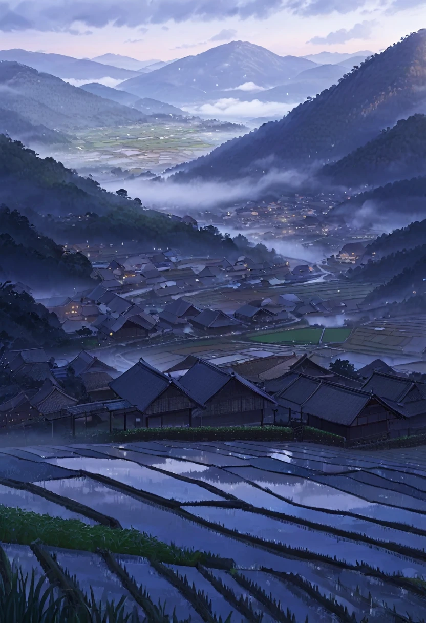 Large expanses of terraced fields, mountains, huts, with rice fields, rice fields, neat rice seedlings in the fields, misty rain, villages, agriculture, in the tranquil landscape, misty weather, in the vast tranquil landscape, in the early morning, in the morning mist, behind a small village, mist, Japanese countryside, thatched roofs --v