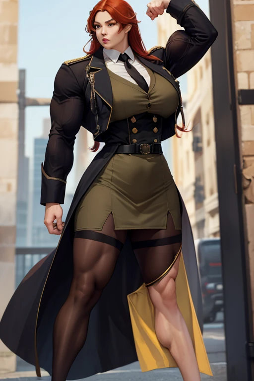 ((Massive, beautiful, buff, pale white skinned muscular woman with orange hair, green eyes, black lipstick, ginormous bulky muscles)), ((close view)), ((((long sleeve military overcoat)))), ((long sleeve military overcoat)), necktie, blazer, ((((military officer uniform)))), (((waistcoat))), (((military officer uniform))), (((pencil skirt))), (((pencil skirt))), tie clip, pocket square, cloves, (pantyhose), high heels, (close view), massive muscles, hyper muscles, long shaggy hair, in a military base,