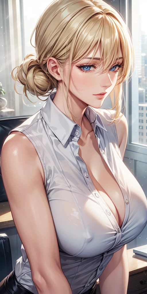 Elegant mature woman, milf, blue eyes, blonde hair, soft light, high detailed, 4k resolution, high quality, beautiful cg