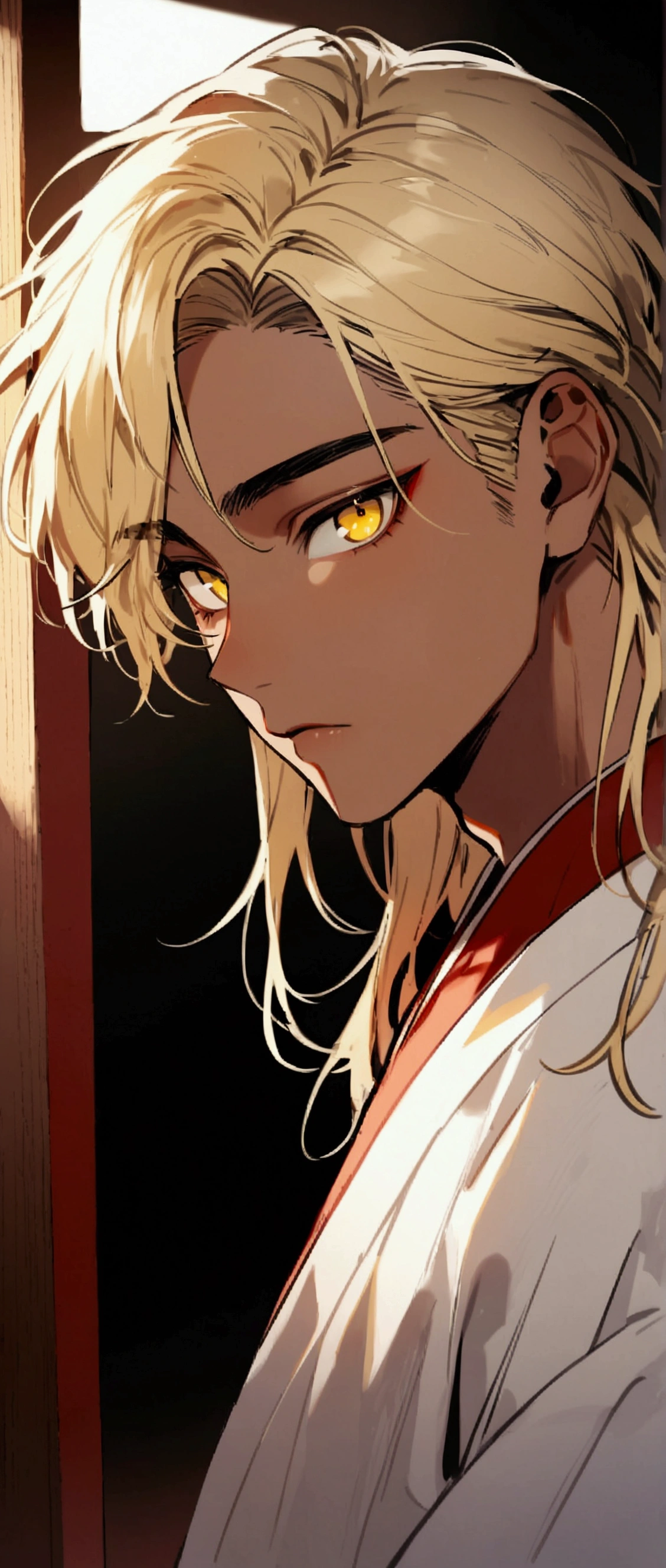 One Man,Beautiful young man with blond hair and dark skin,boy, 20-year-old, Yellow Eyes, length, Silky Hair,Film Corner,Red Corner,Wearing traditional Korean clothing,He has his bangs down,View your viewers,masculine body