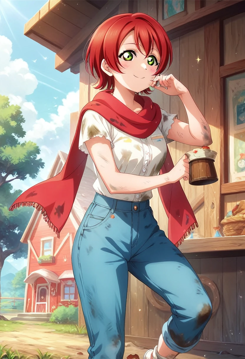 Masterpiece, best quality,Rin Hoshizora, red scarf , dirty, red hair, green eyes, love live style,official art,Country house, blue pants 