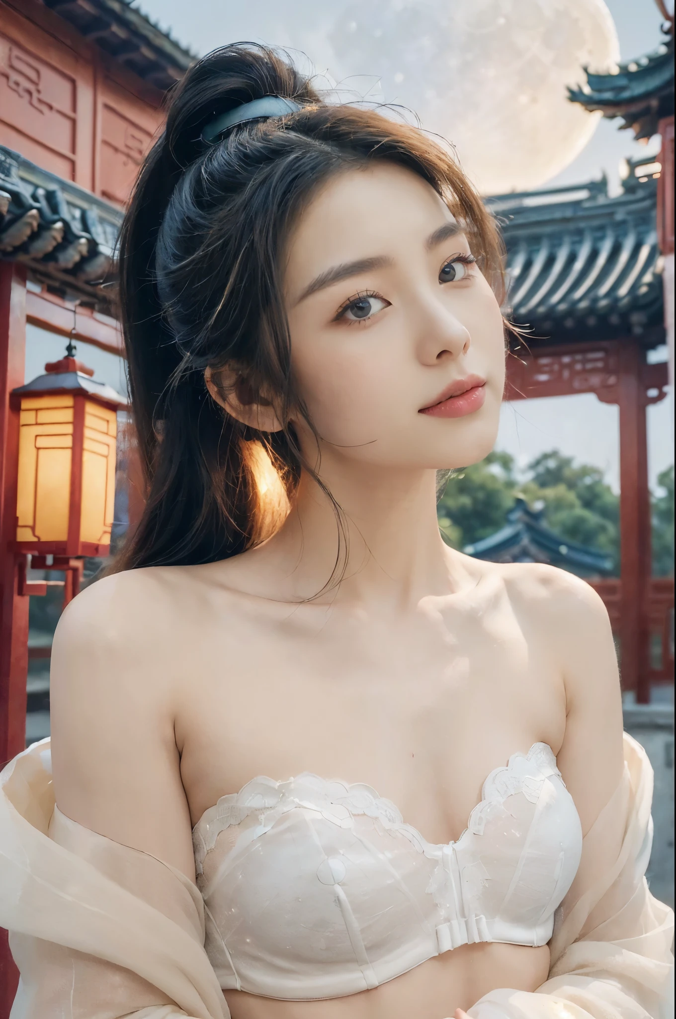 (((best quality))),(((ultra detailed))),(((masterpiece))),illustration,((1 beautiful girl,solo)),(short ponytail:1.2),((bright eyes,gentle smile)),((slim,thin)),((small breasts,flat chest)),(strapless white see through sheer bra:1.3),flowing fabric,serene demeanor,vibrant plants and trees,(Chinese-style architecture:1.3),tile roofs,intricate wooden carvings,rich and vivid colors,(serene glow of the moon:1.5),(((colorful clouds))),traditional Chinese garment,(((summer night,village courtyard))),((from front,close-up of face))