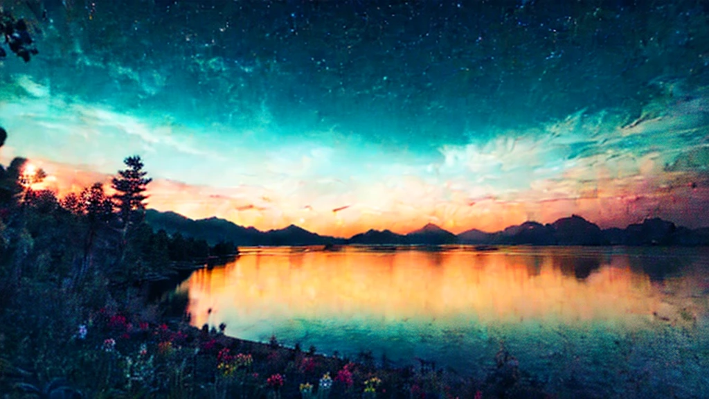 first person view, a lake, a house near the lake, the night, fire flies, flowers, moonligh, clouds