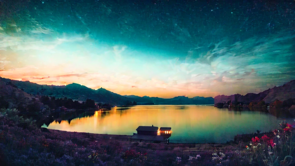 first person view, a lake, a house near the lake, the night, fire flies, flowers, moonligh, clouds