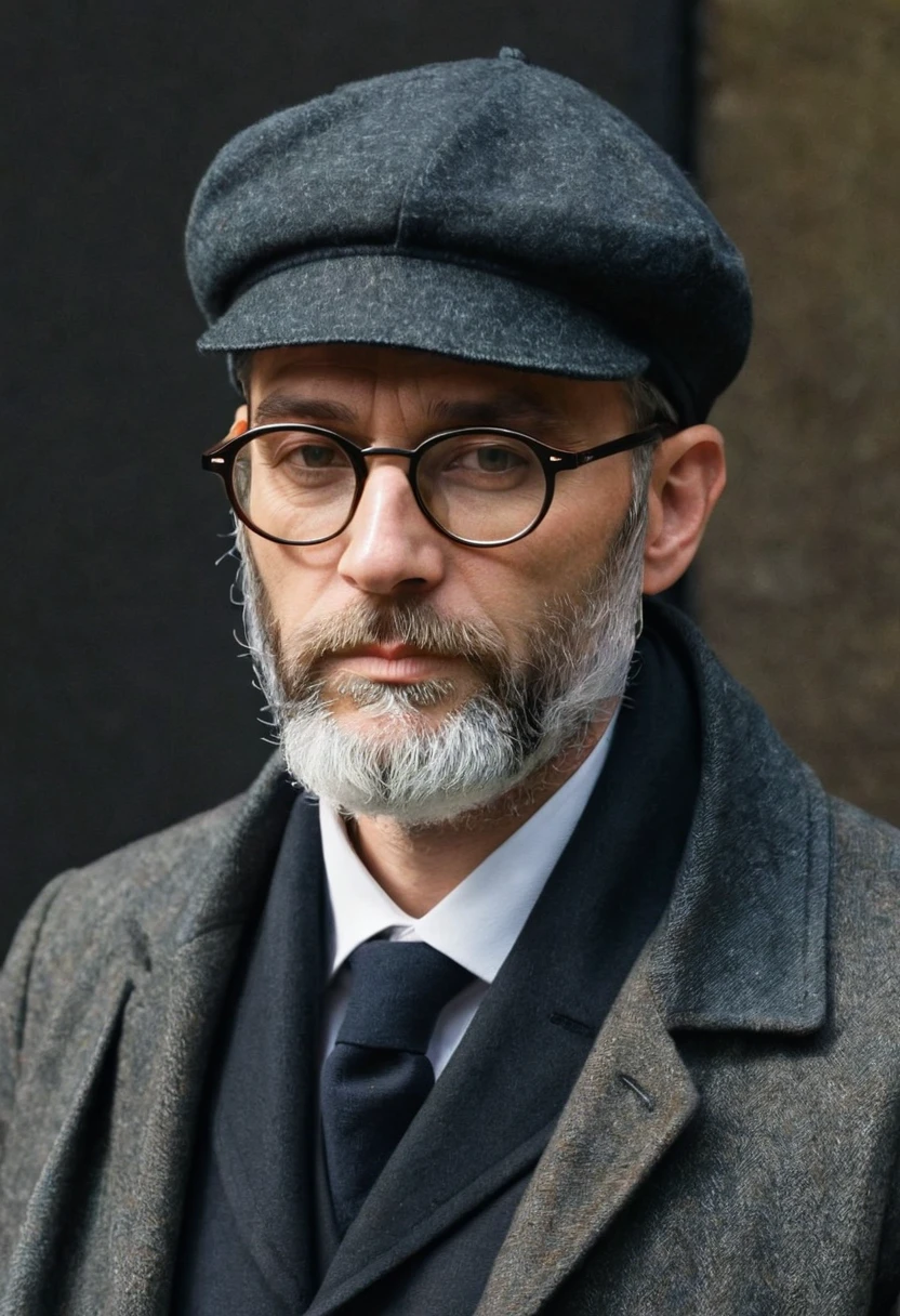 Jean Réno,(Léon:2.1),( film:1.1), tueur à gages, lunettes noires, lunettes de soleil rondes, bonnet, portrait, barbe courte, manteau en laine noir, sous chemise blanche, (( couleurs sombres, Détails complexes, style réaliste, peintures au goudron, peintures sombres, illustrations numériques, pièces en techniques mixtes, ombres profondes ))
