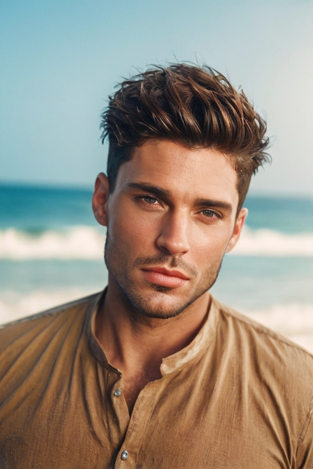 Realistic photo of handsome men ,beach