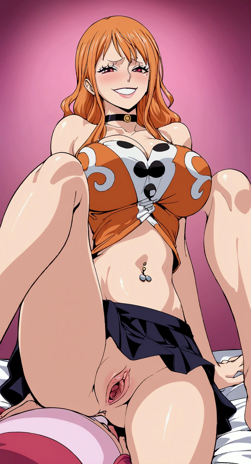 big lips, we'your skin (one piece), pink eyes, Japanese face, amend, amend grin, up two sides, big breasts, wide hips, sexy, details, Pink Room, popular, (Evil smile 1.4), cute, Nami skirt (one piece), one piece, good, Nami outfit (one piece), Nami skirt (one piece), Nami shirt (one piece), choker, Nami skirt (one piece), Nami shirt (one piece),Navel piercing, Nami's cosplay (one piece) Sitting with legs spread showing pussy nami onepiece Sitting with legs spread to show that she was being fucked. And there was semen flowing from the pussy.