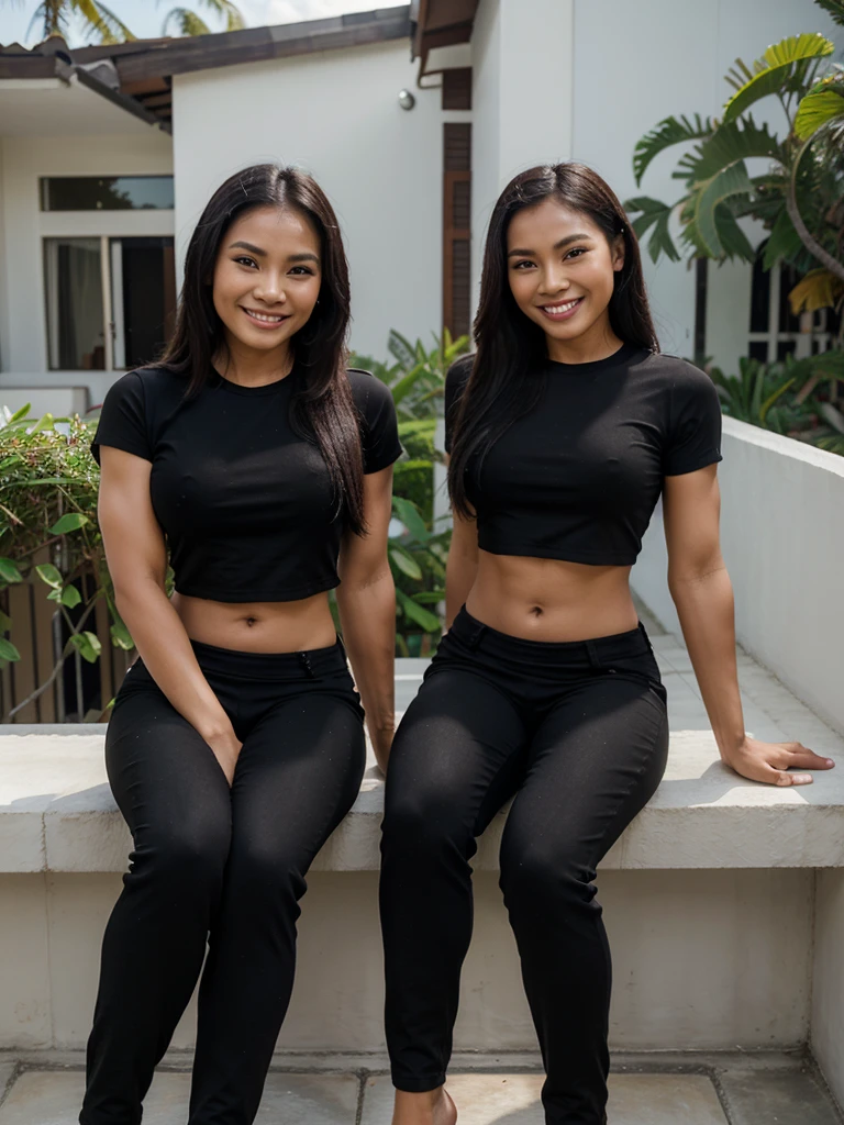 Realistic photo of two beautiful Indonesian body builder women wearing black t-shirts, black pants sitting on the terrace of the house, smiling faces looking at the camera