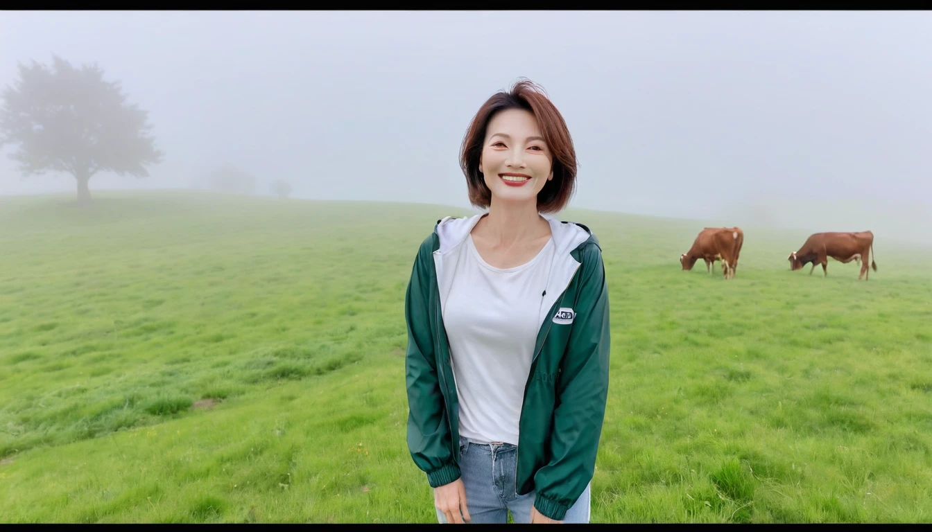 beautiful scenery, 8K Top Quality, Vivid picture quality, 1 woman, Beautiful 46-year-old Korean woman, Chest size 34 inches, Model-level beautiful woman, Smile. Napa Valley, California, USA, dawn, green meadow in the fog far away, Cows graze on a pasture in thick fog. The background is realistic and vivid quality.., short medium bob hair, White t-shirt that goes up to the neck , High-end luxury brand windbreaker jacket, casual pants, Perfect and realistic photos, The background is realistic.. Full body shot with Canon camera 16-35 wide angle lens