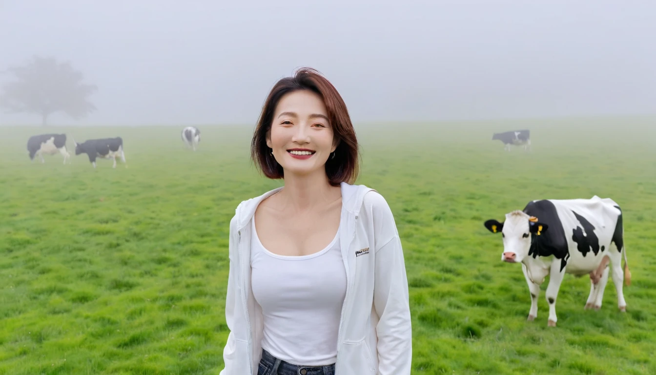 beautiful scenery, 8K Top Quality, Vivid picture quality, 1 woman, Beautiful 46-year-old Korean woman, Chest size 34 inches, Model-level beautiful woman, Smile. Napa Valley, California, USA, dawn, green meadow in the fog far away, Cows graze on a pasture in thick fog. The background is realistic and vivid quality.., short medium bob hair, White t-shirt that goes up to the neck , High-end luxury brand windbreaker jacket, casual pants, Perfect and realistic photos, The background is realistic.. Full body shot with Canon camera 16-35 wide angle lens