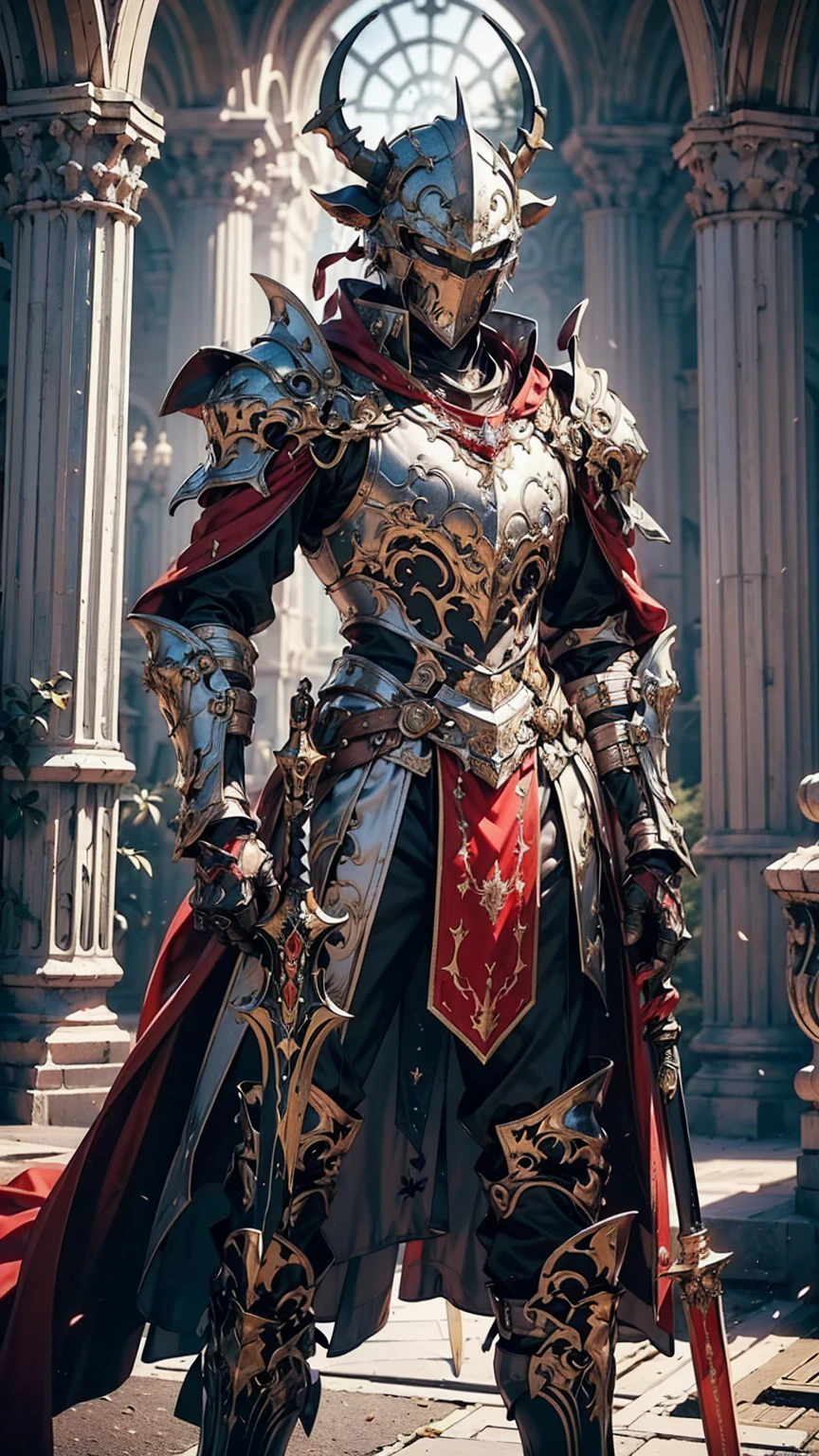 8K quality,(super masterpiece:1.3),Highest quality,Detailed Images,1 person,knight,pocket(Two cow horns,Red Tosaka),(Silver Full Armor,Blue decorated armor),(Wear a red cloak,Red Cape),(1 red sword,Hold the hilt of the sword with your left hand),(background:Burning image,sunset,幻想的なsunset,The End,The end of the world,grassland,Takayama,Halo effects),(Whole body image,Standing with your legs apart),(Face directly towards the camera,Looking directly at the viewer,looking at the camera,The body faces the viewer,The body is facing the direction of the camera,Face looking straight into the camera).