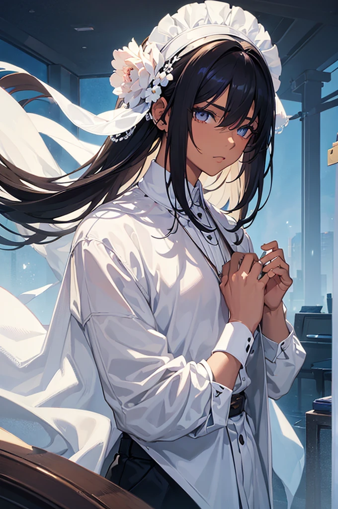 ((best qualityer)), ((work of art)), (detailded), 1 men, Youngh, medium hair, clear eyes, darkskin, anime styling, dark hair, male character