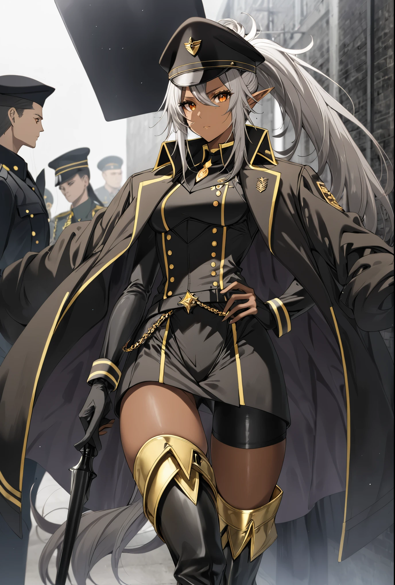 orange eyes,,((brown skin,dark elf,))grey hair,1lady,high ponytail, gold and black coat,jewelry,gold and black uniform,military hat,thigh boots,
