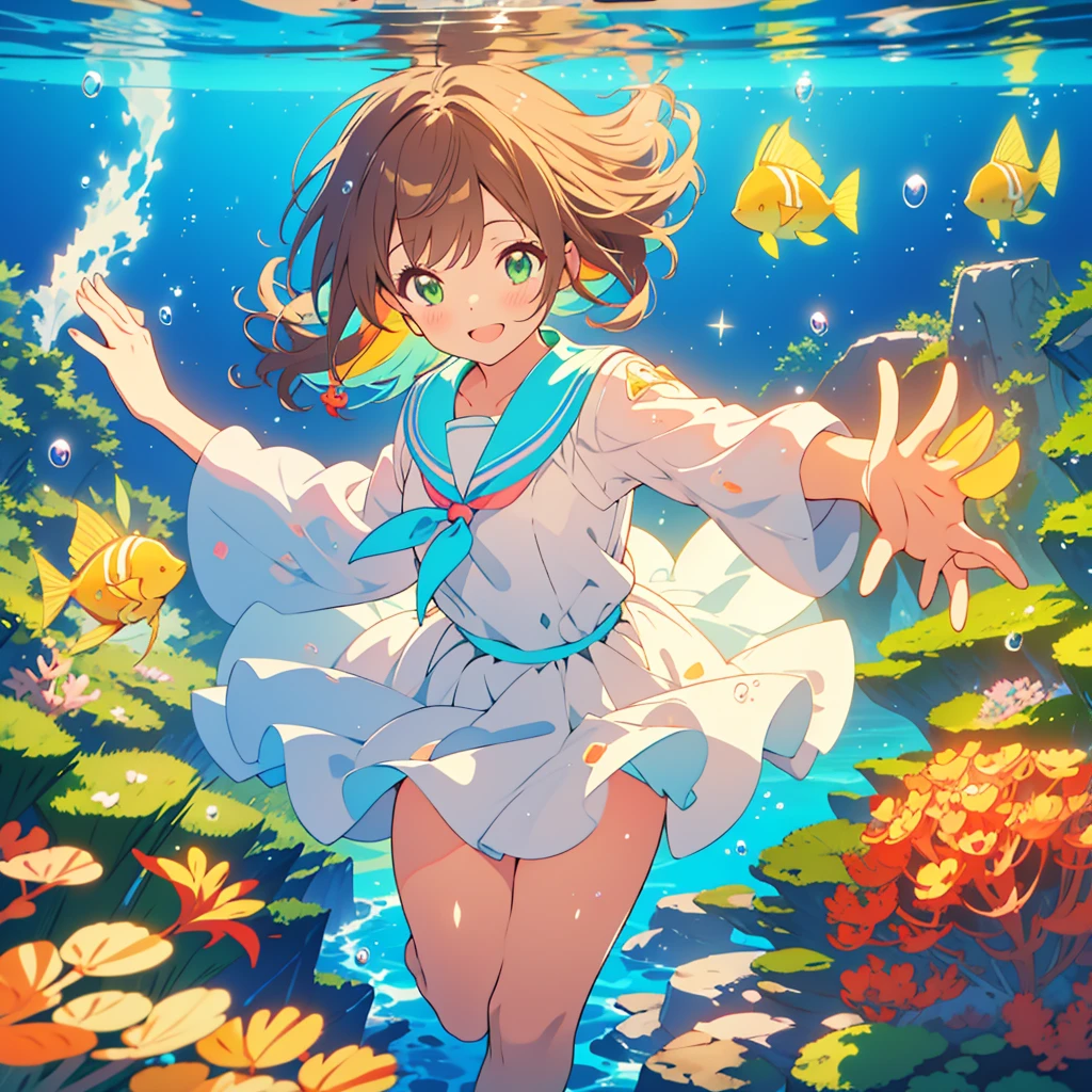 kawaii, anime, Cute, hyper quality, highly detailed, 8k, Front facing, Clarity, brown long hair, green eyes, smile, sailor suit, the skirt flaps, In the water, Pose with movement, countless bubbles, wrapped in bubbles, light shines in, underwater, rainbow light effect, Fantastic, particles of light, 10 colorful small tropical fish, twist your body, shining in rainbow colors, vivid sea, sea swell, In the bright sea, Uplifting, school of small fish, Bubbles of various sizes, Colorful light, Clearly depict facial expressions, Draw 5 fingers, sink into the sea, The background is a view of the deep sea, no background, rainbow colored coral reef, richly colored light, barefoot, The bottom of the sea,