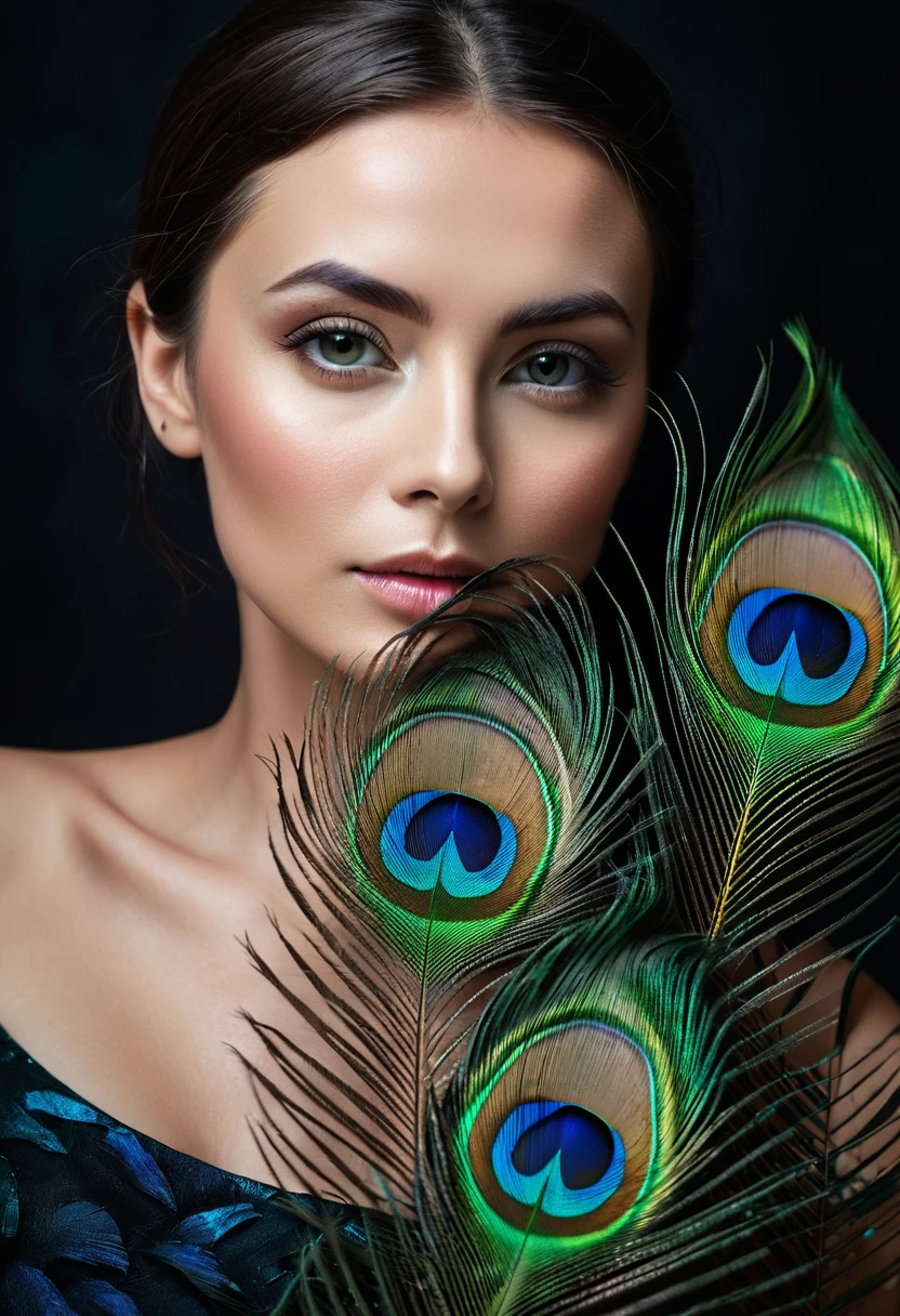ultra clear raw photo of woman with a peacock feather, close up, dark background
