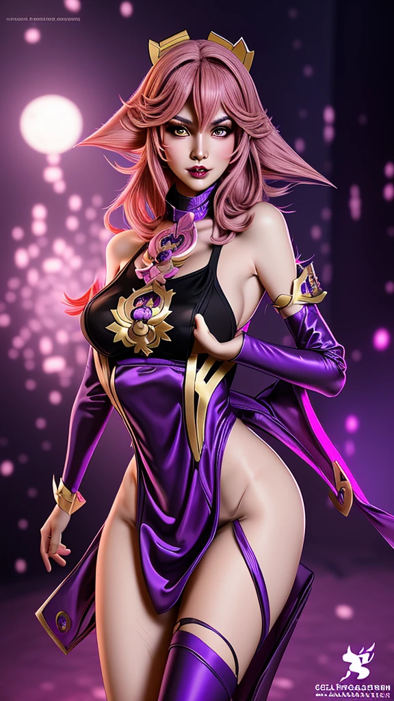 a woman in a purple outfit with a cat ears and tail, concept art by senior character artist, trending on cg society, fantasy art, glamourous cosplay, elegant glamourous cosplay, seraphine ahri kda, extremely detailed artgerm, ornate cosplay, style artgerm, amouranth as a super villain, in the style artgerm