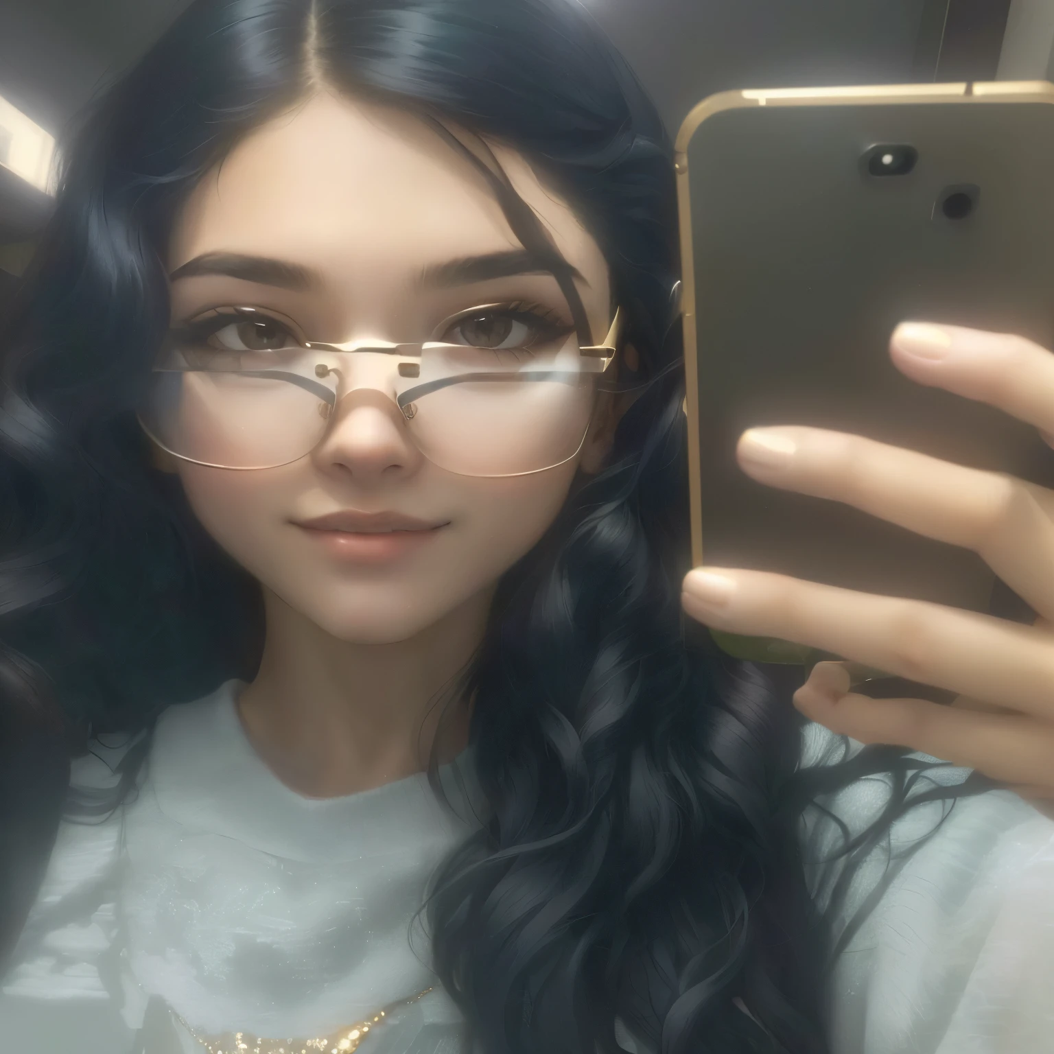 there is a woman taking a selfie in a mirror, wavy long black hair and glasses, with glasses, she wears harry potter glasses, 18 years old, !!wearing modern glasses!!, with glasses on, !!wearing glasses!!, spectacled, iphone selfie, 1 , 2 2 years old old, selfie phrs old