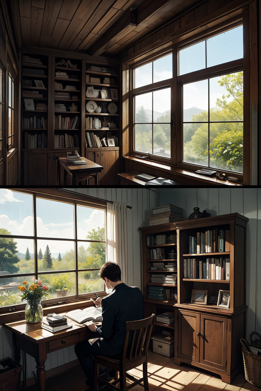 Someone studying, Someone writing, book shelf, rustic style, cozy envirnment, classic style, paintings on the wall, work of art, Carving, classic outfit, formal outfit, window overlooking the garden, good view