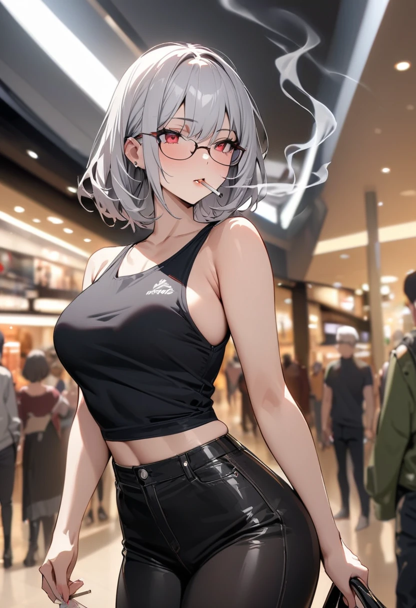 Masterpiece, best quality, aesthetic sense, high resolution, beautiful woman drawn in the best quality and detail, shopping mall, smoking area, cigarette, tank top, black tight pants, long silver hair, red eyes, woman with glasses