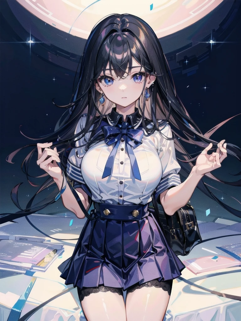 long hair, blue hair, yellow eyes, (twintails:1.1) blue suit, skirt, shirt, school uniform, badge on the chest