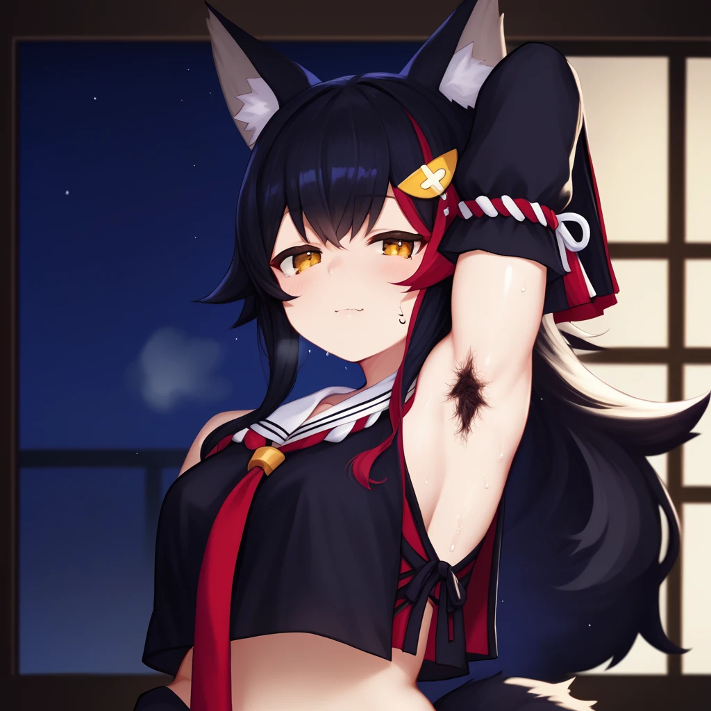 mio_base, hair ornament, sailor collar, red necktie, black shirt, black skirt, detached sleeves, midriff, kouhaku nawa, white thighhighs, tail wrap, tail around leg,,(aged up:1.5),official_art,score_9, score_8_up, score_7_up, score_6_up,official_art,source_anime,,1girl,solo,night,dim lighting,in narrow bedroom,heavy breath,shiny skin,sweat,,red hair ribbon,,in heat,horny,,(covered erect nipples:0.7),,arm up,showing armpit,,(armpit hair:1.8),portrait,close up:1.3),shy,closed mouth,side view,looking at viewer,middle breasts,wolf ear,half closed eyes,