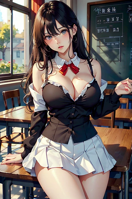 (Highest quality)), ((masterpiece)), (detailed), One woman,26歳のBeautiful woman,Very sexy,Big Breasts,Woman in a suit,Women are teachers,Natural Light,
Beautiful woman,Beautiful Face,Beautiful teeth alignment,Beautiful body lines,Slender body,Beautiful Hands,Beautiful legs,Long hands,Long legs,Long and flexible hair,Shiny hair,Black Hair,Embarrassed expression,blush,Thin lips,Half-open mouth,Beautiful shoulders,Beautiful collarbone、Sitting Woman,School classroom,arms up,aroused,Leg spread,((White shirt,Black Skirt,Red ribbon around neck,The shirt is half open,Cleavage,Tight Skirt,短いTight Skirt1.5)),Woman Standing In Front of Blackboard,