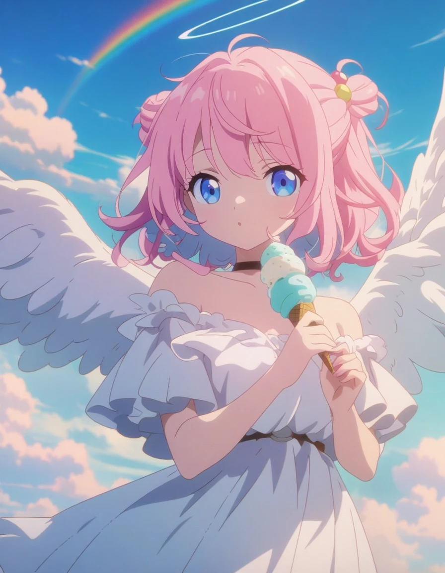 Pink hair and angel wings、Beautiful woman holding ice cream, Anime Style 4k, Fluffy pink cartoon cloud, Anime Art壁紙 4k, Anime Art