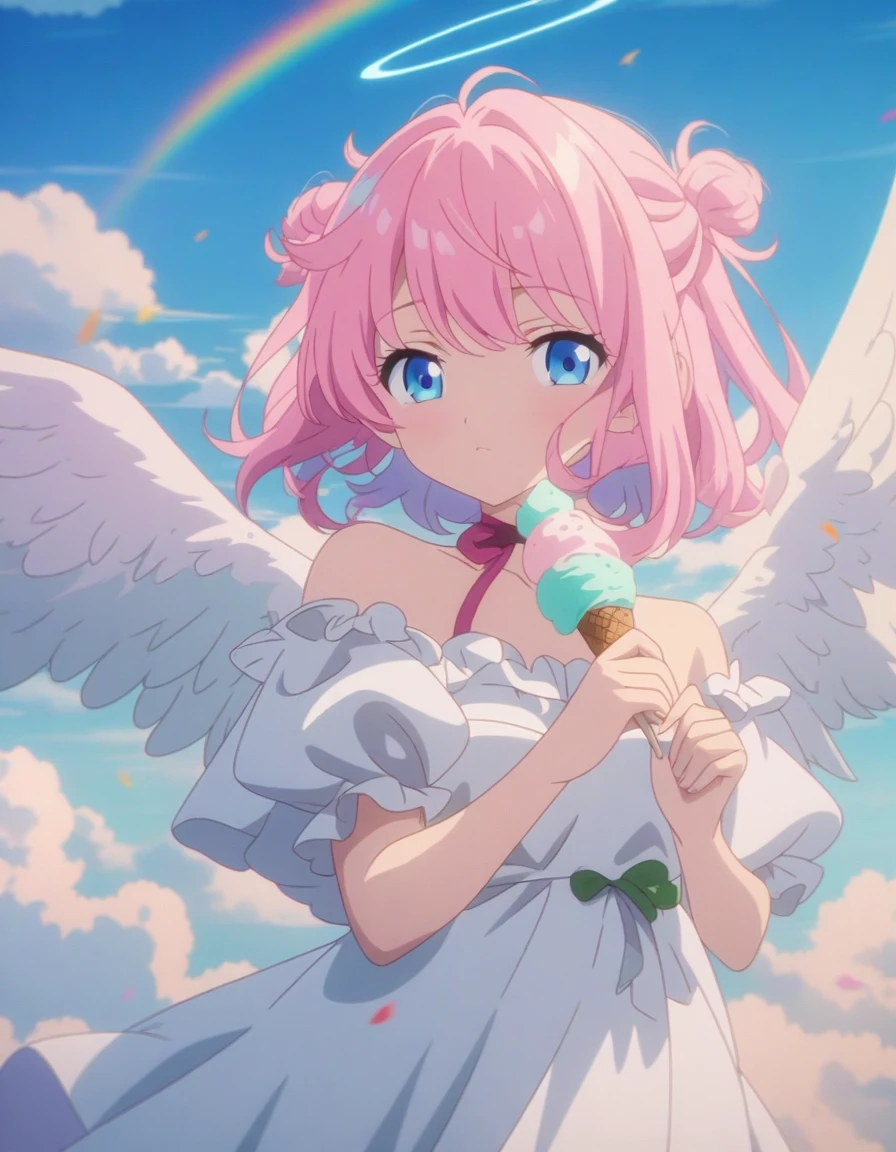 Pink hair and angel wings、Beautiful woman holding ice cream, Anime Style 4k, Fluffy pink cartoon cloud, Anime Art壁紙 4k, Anime Art