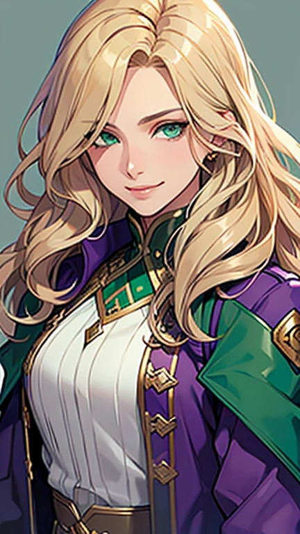 (masterpiece,best quality,ultra-detailed),1 girl,blonde hair,long wavy hair, (cropped jacket), (purple jacket),fantasy clothing,beautiful eyes, ((dark green eyes)),tan skin, (green eyes),(grey theme), confident look, upper body shot,smirk