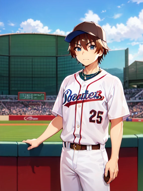 (Ultra-high resolution), (masterpiece), (Attention to detail), (high quality), (最high quality), One Man, (Keiichi_maebara), brown hair, blue eyes, Gold Necklace, Baseball hats, muscle, baseballplayer, Baseball Uniforms, Stadium, audience, blue sky,