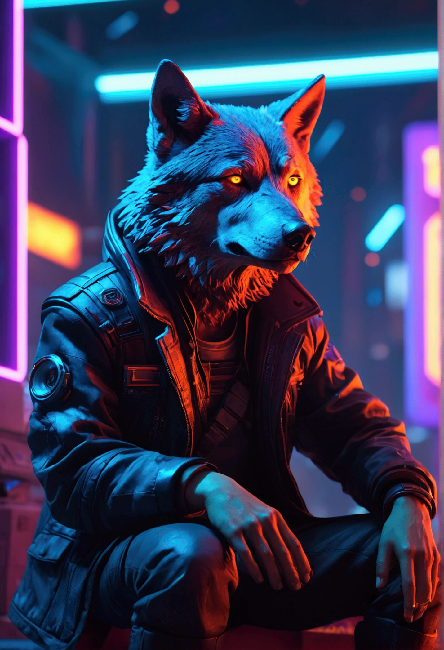 a lone wolf playing sci-fi video games, highly detailed, dynamic composition, cinematic lighting, bright neon colors, vibrant cyberpunk atmosphere, depth of field, octane render, 8k, photorealistic