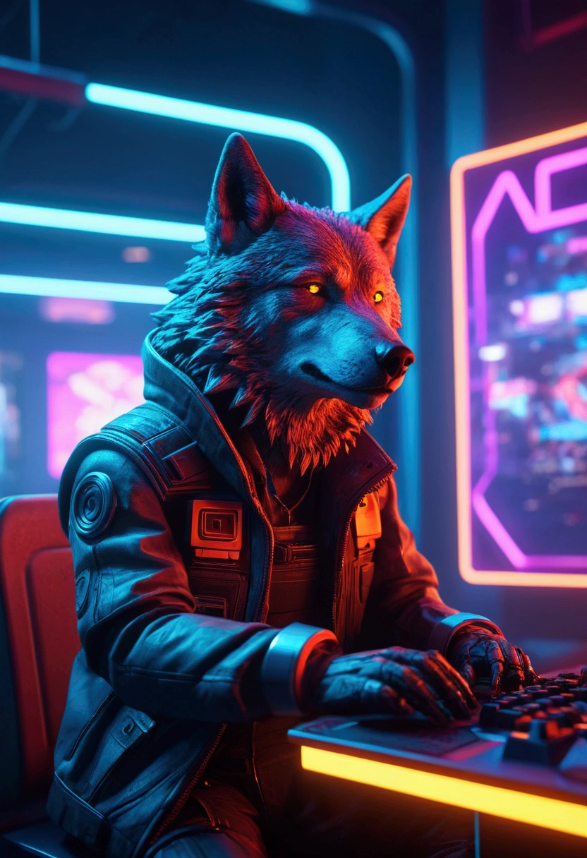 a lone wolf playing sci-fi video games, highly detailed, dynamic composition, cinematic lighting, bright neon colors, vibrant cyberpunk atmosphere, depth of field, octane render, 8k, photorealistic