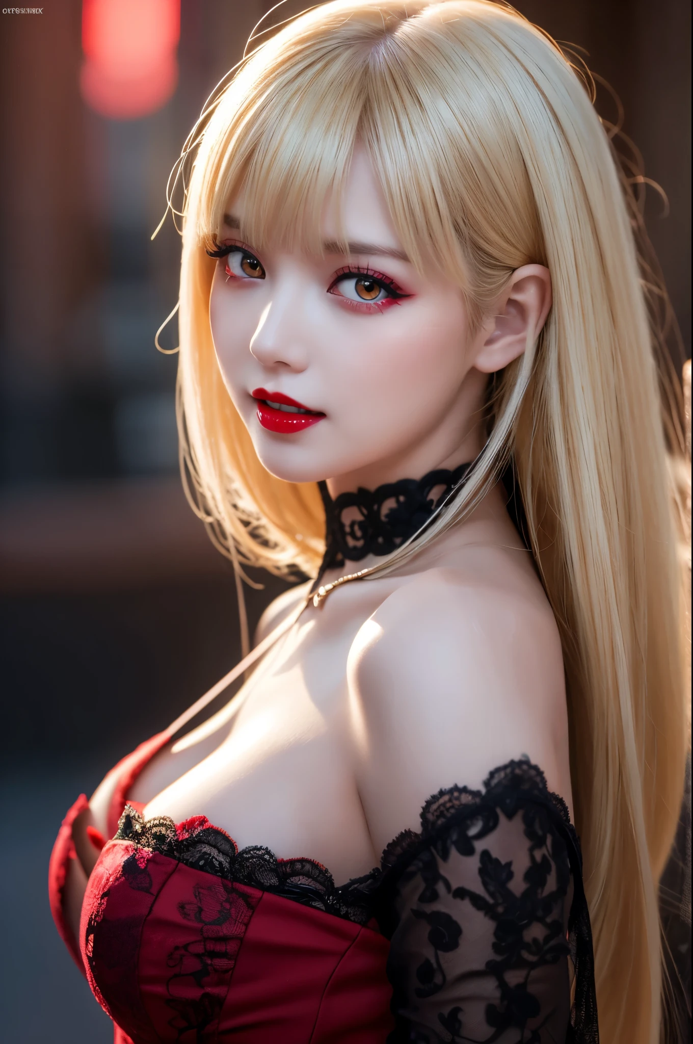 8K、Photorealistic RAW photos of the highest quality。so beautiful(A vivid face) Bright colors、Image of a perfect adult woman、Laughter、Art Station Trends、masterpiece、8K resolution、Fantasy art、Ultra-high resolution,,Mr..々Pause,charm,sexy,Rich colors, Backlight, Cinema Lighting, Film Grain, to be born, 50mm lens, Nikon D850,Vampire Queen,Glowing red eyes,White skin,Ultra-Realistic Skin,Gorgeous red and black dress,Red lipstick,Red nails,Inside the Labyrinth,Vampire Fangs,sexyな外装,blonde,Adult women,