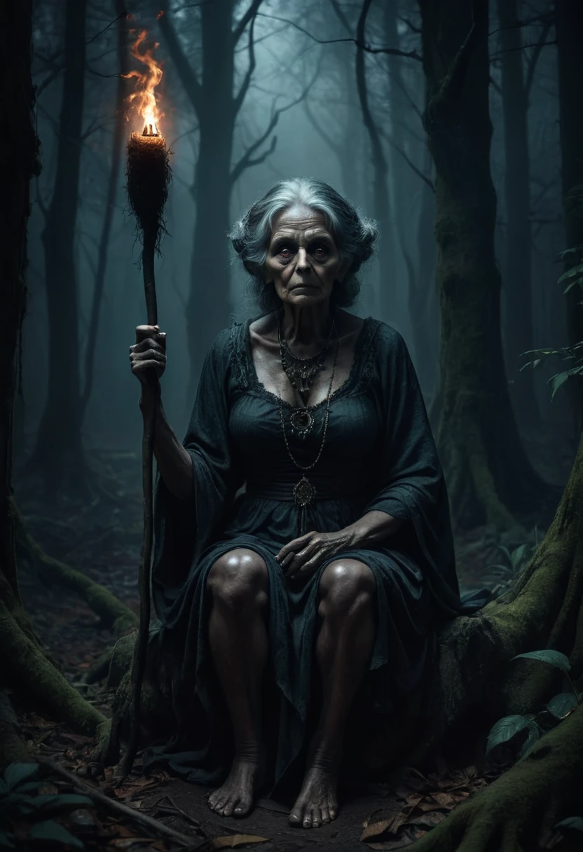 (dark forest ambience) (full body) (sitting) a dark and creepy old tantric woman holding a stick, dreadful face with intense eyes, dark and moody horror ambience, occult ritual, bright face, dark magic, 8k, hyper detailed, photorealistic, dramatic lighting, chiaroscuro, dark fantasy, muted color palette, clear image, ominous atmosphere