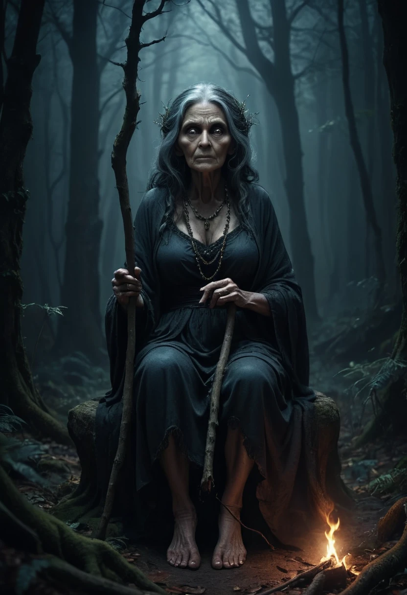 (dark forest ambience) (full body) (sitting) a dark and creepy old tantric woman holding a stick, dreadful face with intense eyes, dark and moody horror ambience, occult ritual, bright face, dark magic, 8k, hyper detailed, photorealistic, dramatic lighting, chiaroscuro, dark fantasy, muted color palette, clear image, ominous atmosphere