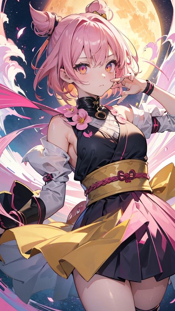 Best quality, Ultra detailed, best quality, insanely detailed, beautiful, masterpiece, 8k,
break
(full moon:1.2), red moon, ripple patterned moon,
break
1lady, solo, pink hair, (short hair:1.2), (1topknot:1.0), (yellow ribon:1.2) ,ultra deltailed iris, red eyes, ultra detailed eyes, (ripple patterned eyes;1.2), kunoichi wear, (pink cololed wear:1.2), no pattered wear ,(yellow skirf covering mouth:1.2),
Break
Upper body, from front, nsfw,(amaged:1.5), closed mouth,