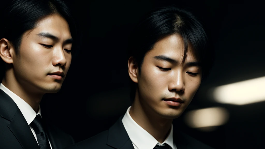 Asian face closeup,closed eyes,elegant men,dark theme, detailed skin, empty background