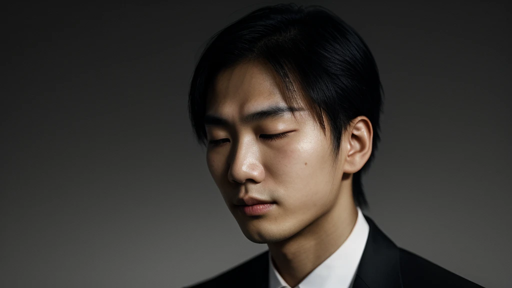 Asian face closeup,closed eyes,elegant men,dark theme, detailed skin, empty background