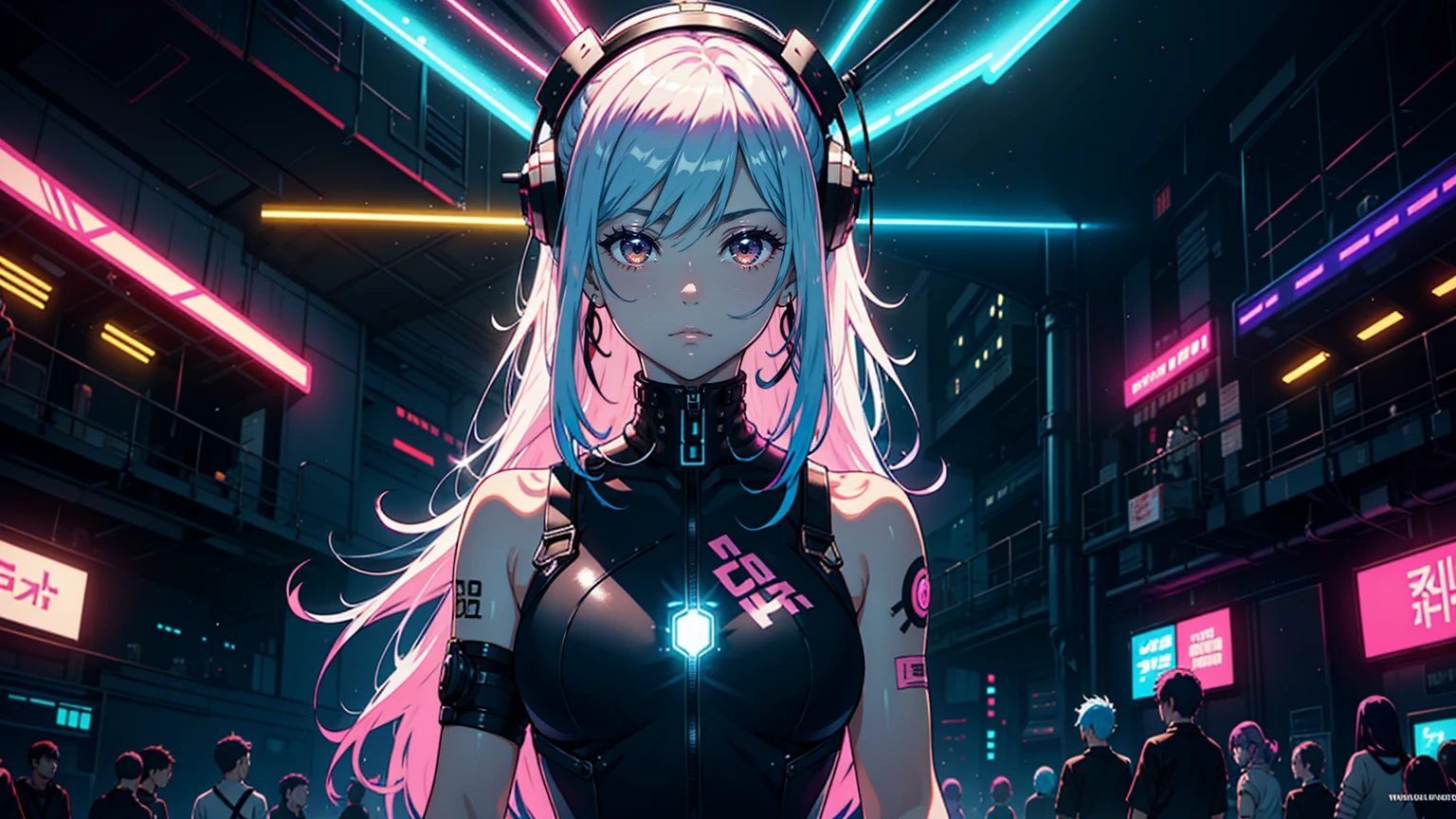 close up, 1 girl, standing alone, [dark blue and pink hair: blue and pink hair:0.2], cyber punk, hightech, in, mechanical parts, Looking at the audience, blackw eyes, long hair, Super Tech Women's Luminous Laser Overalls, cyber punk mechanical body parts, with tattoos, hinterland, luminous laser earrings. hight contrast, natta, blackw, [freckles:0.9], reflective transparent rainbow, long hair, breastsout, white skin Korean woman&#39;s most beautiful face, seductive expression, (relaxed pose: 1.5), Eva, complex background, Sony A6300, extremely beautiful and beautiful anime illustration, with cinematic perspective，(relaxed pose: 1. 5), Eva, complex background, Sony A6300, extremely beautiful and beautiful anime illustration with a cinematic perspective.
