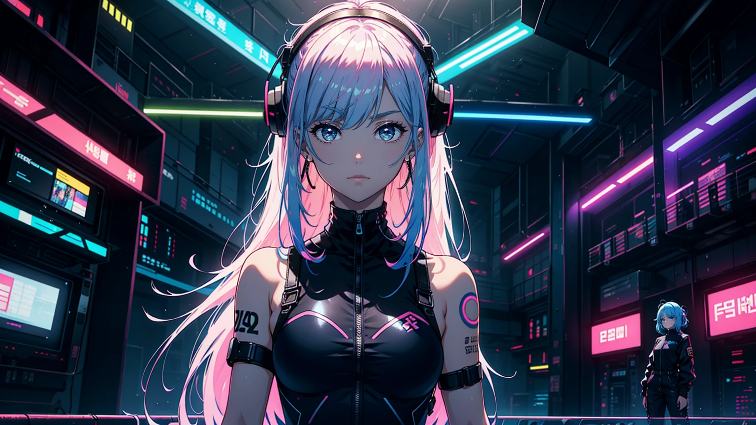 close up, 1 girl, standing alone, [dark blue and pink hair: blue and pink hair:0.2], cyber punk, hightech, in, mechanical parts, Looking at the audience, blackw eyes, long hair, Super Tech Women's Luminous Laser Overalls, cyber punk mechanical body parts, with tattoos, hinterland, luminous laser earrings. hight contrast, natta, blackw, [freckles:0.9], reflective transparent rainbow, long hair, breastsout, white skin Korean woman&#39;s most beautiful face, seductive expression, (relaxed pose: 1.5), Eva, complex background, Sony A6300, extremely beautiful and beautiful anime illustration, with cinematic perspective，(relaxed pose: 1. 5), Eva, complex background, Sony A6300, extremely beautiful and beautiful anime illustration with a cinematic perspective.