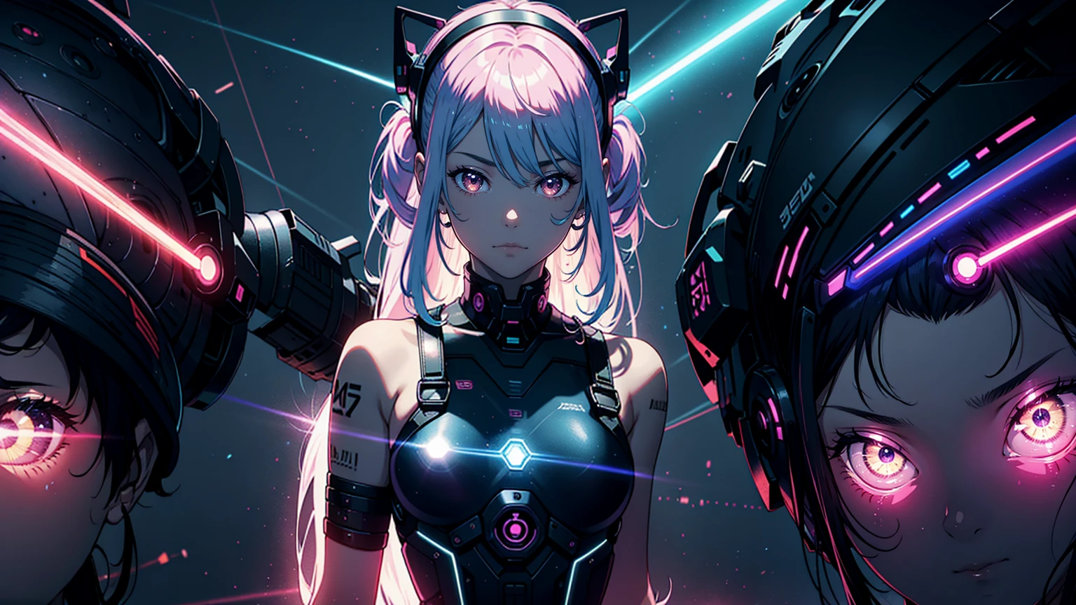 close up, 1 girl, standing alone, [dark blue and pink hair: blue and pink hair:0.2], cyber punk, hightech, in, mechanical parts, Looking at the audience, blackw eyes, long hair, Super Tech Women's Luminous Laser Overalls, cyber punk mechanical body parts, with tattoos, hinterland, luminous laser earrings. hight contrast, natta, blackw, [freckles:0.9], reflective transparent rainbow, long hair, breastsout, white skin Korean woman&#39;s most beautiful face, seductive expression, (relaxed pose: 1.5), Eva, complex background, Sony A6300, extremely beautiful and beautiful anime illustration, with cinematic perspective，(relaxed pose: 1. 5), Eva, complex background, Sony A6300, extremely beautiful and beautiful anime illustration with a cinematic perspective.